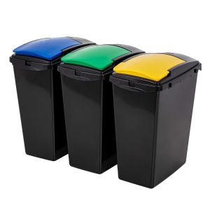 a set of three large plastic recycling bins, with blue, green and yellow lids
