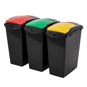 a set of three large recycling bins, with a red, green and yellow lid