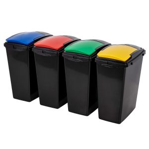set of three black plastic recycling bins with different coloured lids - red, blue and yellow
