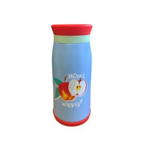 blue and red children's water bottle with red apple pattern 