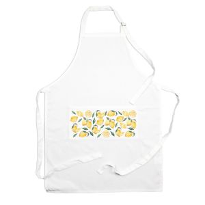 white kitchen apron with a lemon print on the front pocket