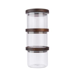 set of three glass food storage jars with acacia wood lids, perfect for dry ingredients and refills