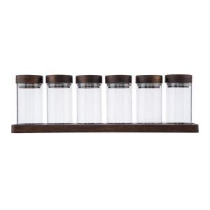 set of six small glass spice jars with acacia wood lids and display board