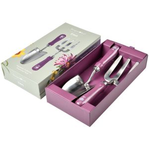 Gardening hand trowel and hand fork gift set, presented in a recyclable giftbox featuring Burgon & Ball's RHS-endorsed 'Asteraceae' floral design.