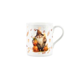 Mug featuring jolly gnome holding pumpkins on a leafy autumnal background.