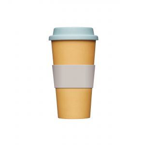 Pale yellow travel mug with blue lid and pink grip