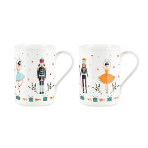 Set of 2 Christmas fine china mugs with nutcracker and sugar plum fairy print