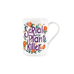 fine bone china mug with purple serial plant killer text covered in flowers