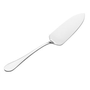 Stainless steel cake server with a mirrored finish and teardrop handle