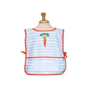 Kids front and back striped apron with carrot print, made from recycled plastic bottles