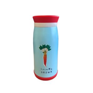 pale blue bottle with carrot design and red lid and base