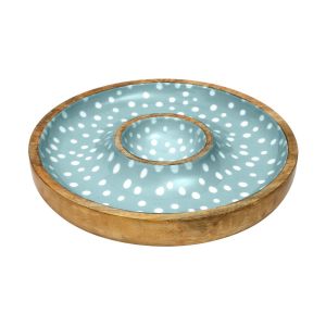 Chip and dip snacks serving bowl made from sustainably sourced mango wood with a duck egg and white polka dot patterned enamelled interior.
