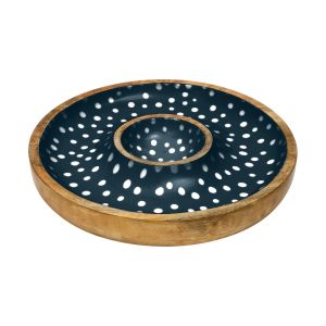 Ink blue coloured chip and dip serving bowl made from mango wood with an enamelled interior, featuring a white polka dot design on the dark blue background.