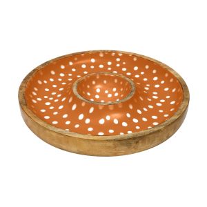 Chip and dip snacks serving bowl made from sustainably sourced mango wood with a duck egg and white polka dot patterned enamelled interior.