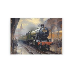 a small textured glass worktop saver with a vintage steam train print, in a station