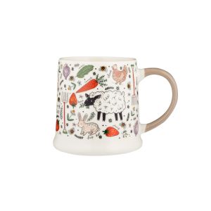 Fine china tankard-style mug featuring a country living themed design and dipped beige handle.
