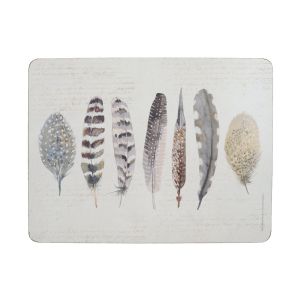 pack of six cream dinner table placemats with a painted feather design