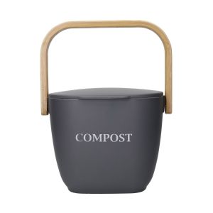 Dark grey compost caddy with bamboo handle and light grey text