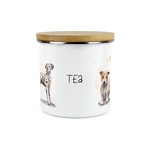 a white enamel storage canister with a painted dog design, and an airtight bamboo lid