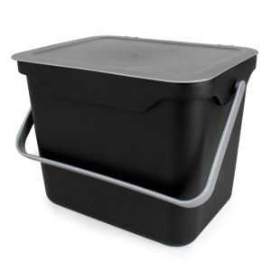 Plastic black & silver food waste composting caddy bin with 5 litre capacity and ability to be wall mounted. Can also be used as home storage box.
