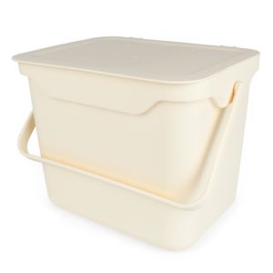 Cream colour 5 litre plastic food waste compost caddy bin with handle and ability to be wall mounted. Neutral home storage box container.