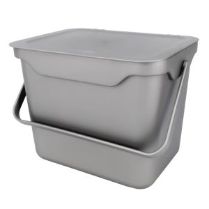 Silver rectangular food waste compost caddy bin with carry handle. 5 litre capacity shiny grey storage container.