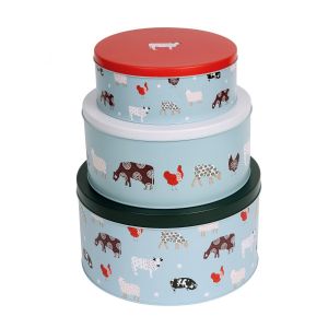 Set of 3 stackable cake tins with farm animal print