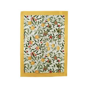 Cotton tea towel with William Morris Fruit design and yellow border