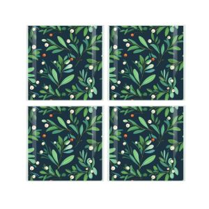 set of four square glass coasters with a mistletoe print