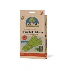 Lightly dusted household cleaning gloves, made from natural rubber, in a small size