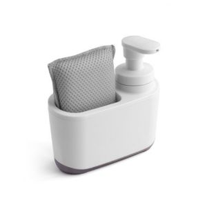 white plastic soap dispenser sink tidy with grey sponge