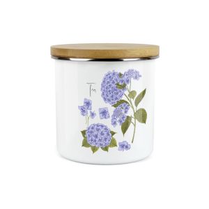 an enamel tea storage canister with a purple hydrangea flower print