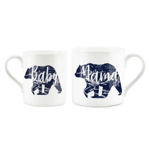 Matching set of small and large fine bone china mug with navy bears and mama and baby text