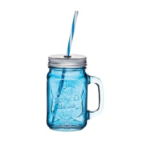 a blue glass mason jar with metal screw top and plastic straw