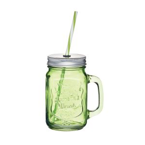 KitchenCraft Coloured Glass Drinks Mason Jar with Straw - Green