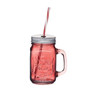 a red glass mason drinks jar with a striped straw and screw top lid