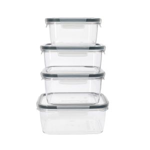 set of four kitchen storage containers in various sizes made from glass and recycled plastic