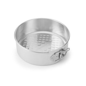 a round springform cake baking tin with a loose base, made from silver recycled metals