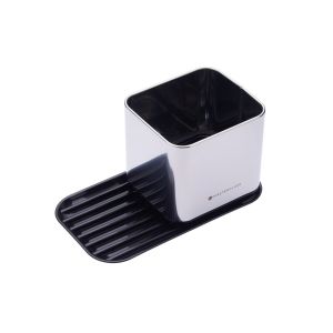 stainless steel and black sink caddy for storing sponges and brushes