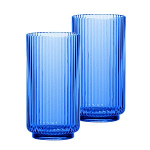 a set of two vibrant blue acrylic plastic drinking cups for outdoor dining