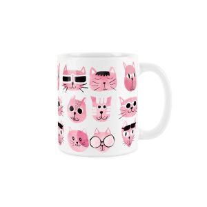 white ceramic mug with pink quirky cat face pattern