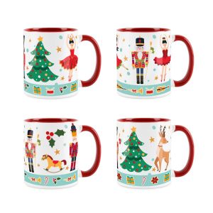 Set of 4 matching nutcracker Christmas mugs, with red interiors and handles