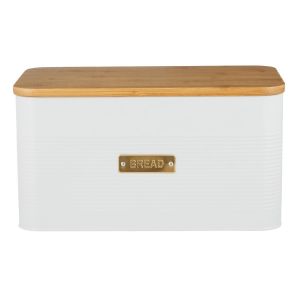 large white rectangular bread bin made from durable steel with a bamboo lid