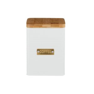 white square coffee storage canister with bamboo lid and gold detailing