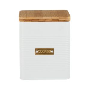 white cookie/biscuit storage jar with gold label and bamboo lid