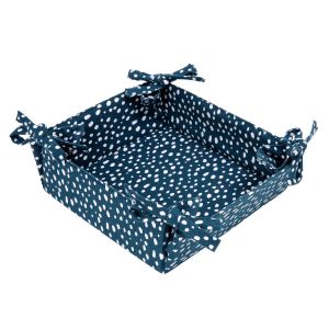 Square foldable bread basket made from ink blue recycled cotton with a white polka dot print.