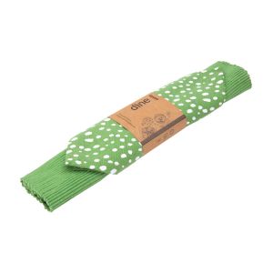 Green coloured placemat and napkin set, featuring a white polka dot pattern on the napkin. Made from cotton and recycled cotton.