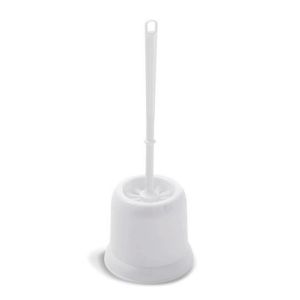 white plastic toilet brush and holder for bathroom cleaning