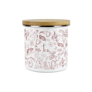 white enamel tea storage kitchen canister with air tight bamboo lid and rustic style design