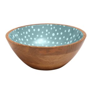 Mango wood salad serving bowl featuring a duck egg enamelled inner with white polka dots.